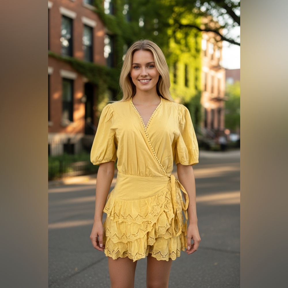 Mable Sunny Yellow Tiered Mini Wrap Dress